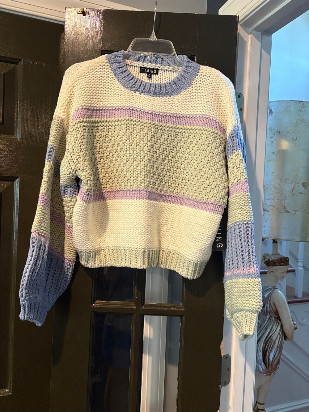 Timing Cream, Light Blue, Light Green & Lavender Striped Knit Crewneck Sweater